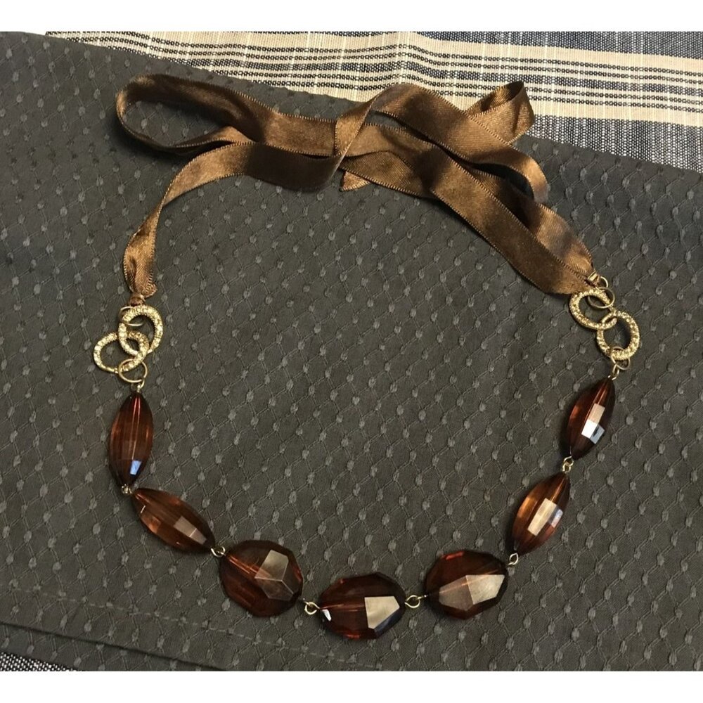 Vintage Brown Beaded Ribbon Necklace With Rhinestone Accents
